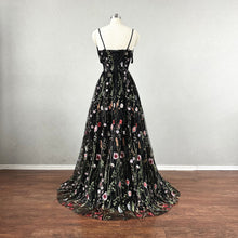 Load image into Gallery viewer, Black Floral Fairy Prom Dress Corset Back Spaghetti Straps