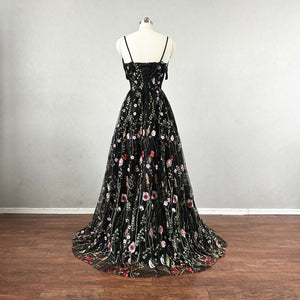 Black Floral Fairy Prom Dress Corset Back Spaghetti Straps