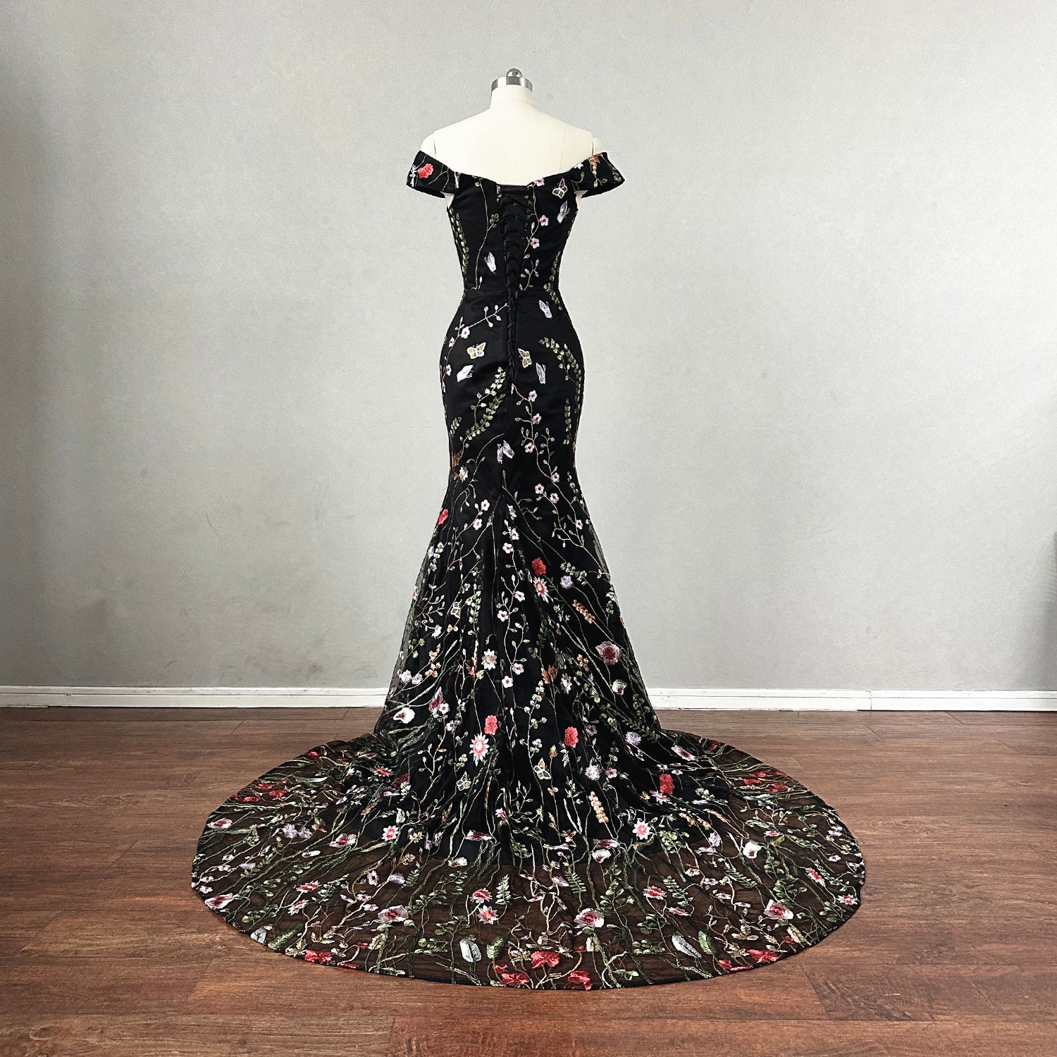Black Floral Fairy Prom Dress Mermaid Corset Back DressCulture Black Floral Fairy Prom Dress Mermaid Corset Back DressCulture