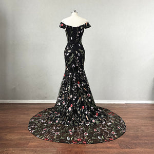 Black Floral Fairy Prom Dress Mermaid Corset Back