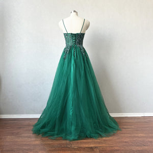 Green Tulle Prom Dress Corset Back Spaghetti Straps