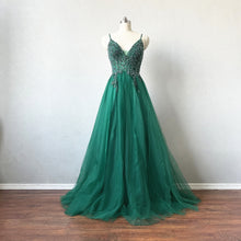 Load image into Gallery viewer, Green Tulle Prom Dress Corset Back Spaghetti Straps