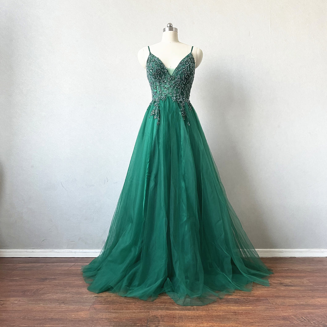 Green Tulle Prom Dress Corset Back Spaghetti Straps