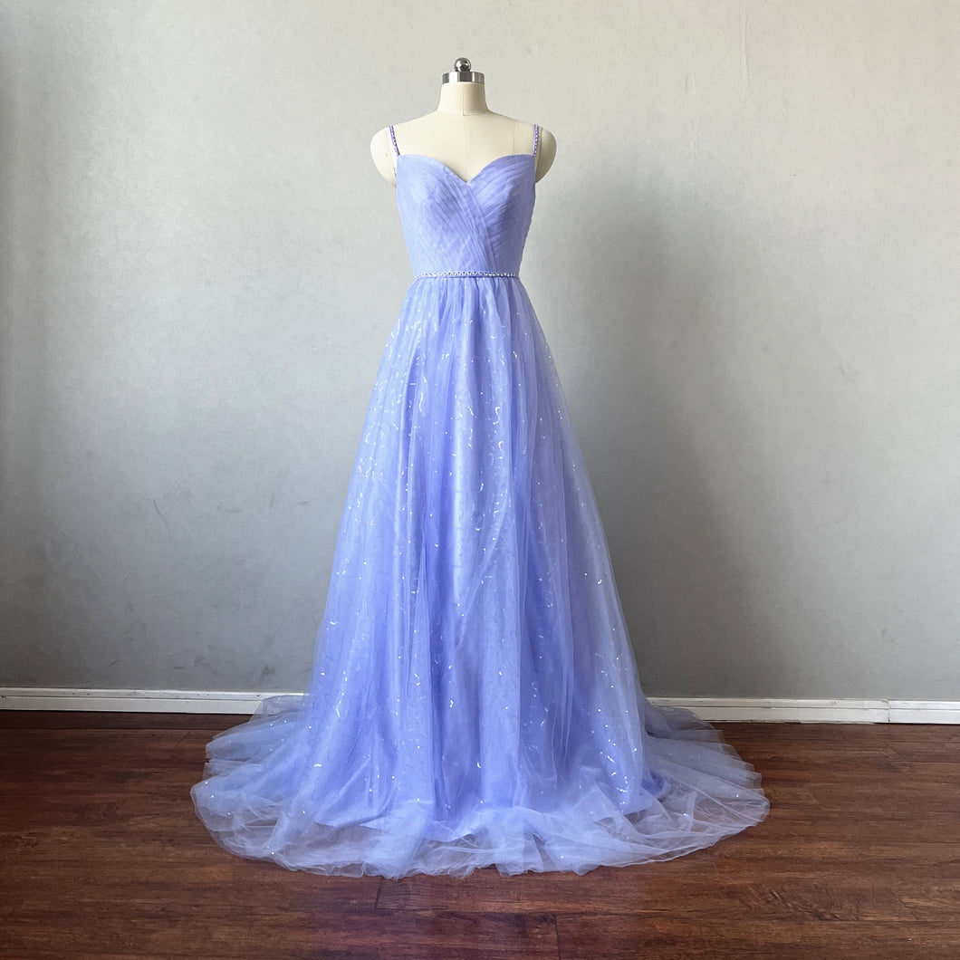 Lavender Sparkly Tulle Prom Dress Spaghetti Straps