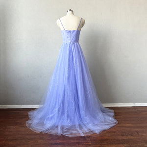 Lavender Sparkly Tulle Prom Dress Spaghetti Straps