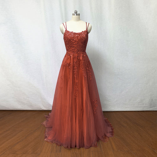 Burnt Orange Lace Tulle Prom Dress Corset Back