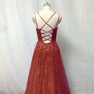 Burnt Orange Lace Tulle Prom Dress Corset Back