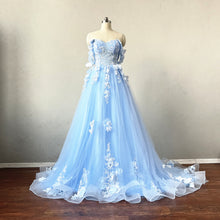 Load image into Gallery viewer, Light Blue Lace Tulle Fairy Prom Dress Corset Back with Horsehair Hem