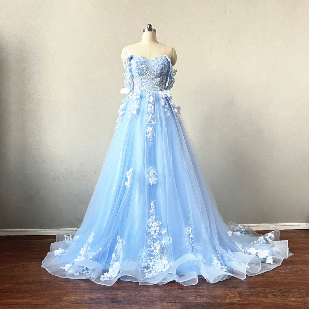 Light Blue Lace Tulle Fairy Prom Dress Corset Back with Horsehair Hem