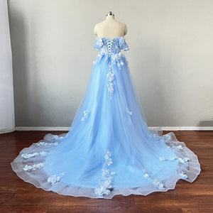 Light Blue Lace Tulle Fairy Prom Dress Corset Back with Horsehair Hem