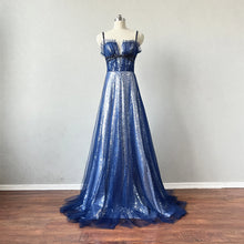 Load image into Gallery viewer, Navy Blue Tulle Overlay Sequin Prom Dress Spaghetti Straps