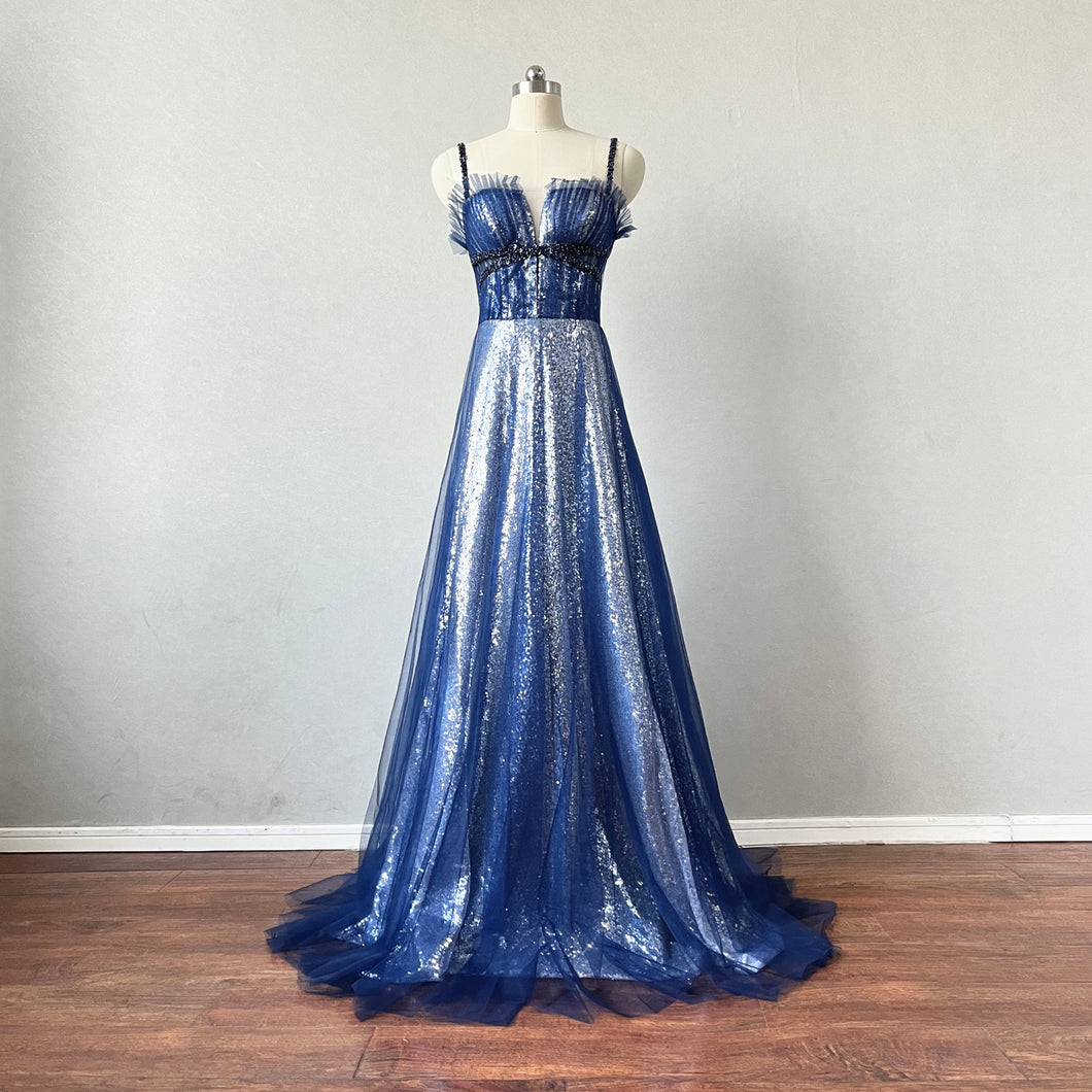 Navy Blue Tulle Overlay Sequin Prom Dress Spaghetti Straps