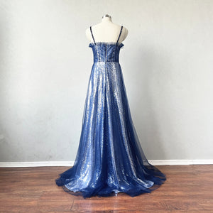 Navy Blue Tulle Overlay Sequin Prom Dress Spaghetti Straps