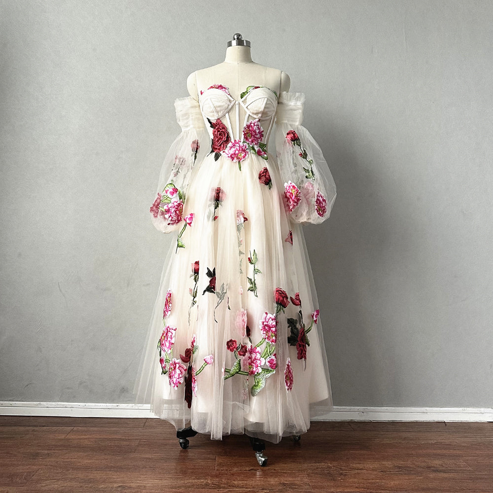 cream dress pants mens Floral Prom Dress Corset Top with Detachable Long Sleeves – DressCulture
