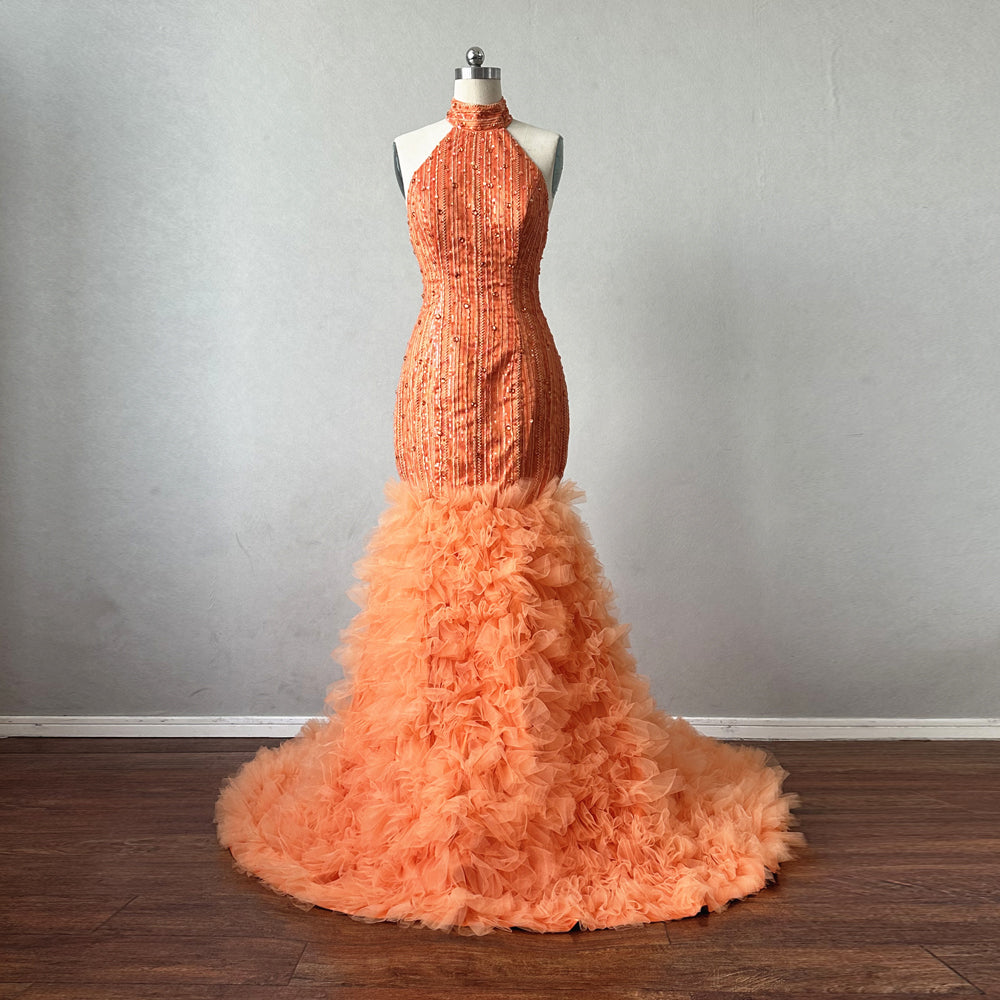 Mermaid Prom Dress Backless Orange Tulle