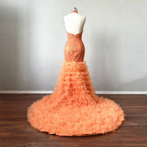 Mermaid Prom Dress Backless Orange Tulle