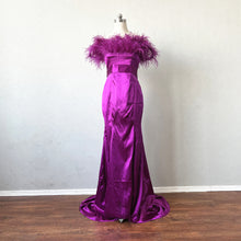 Load image into Gallery viewer, Purple Satin Prom Dress Corset Top with Feathers