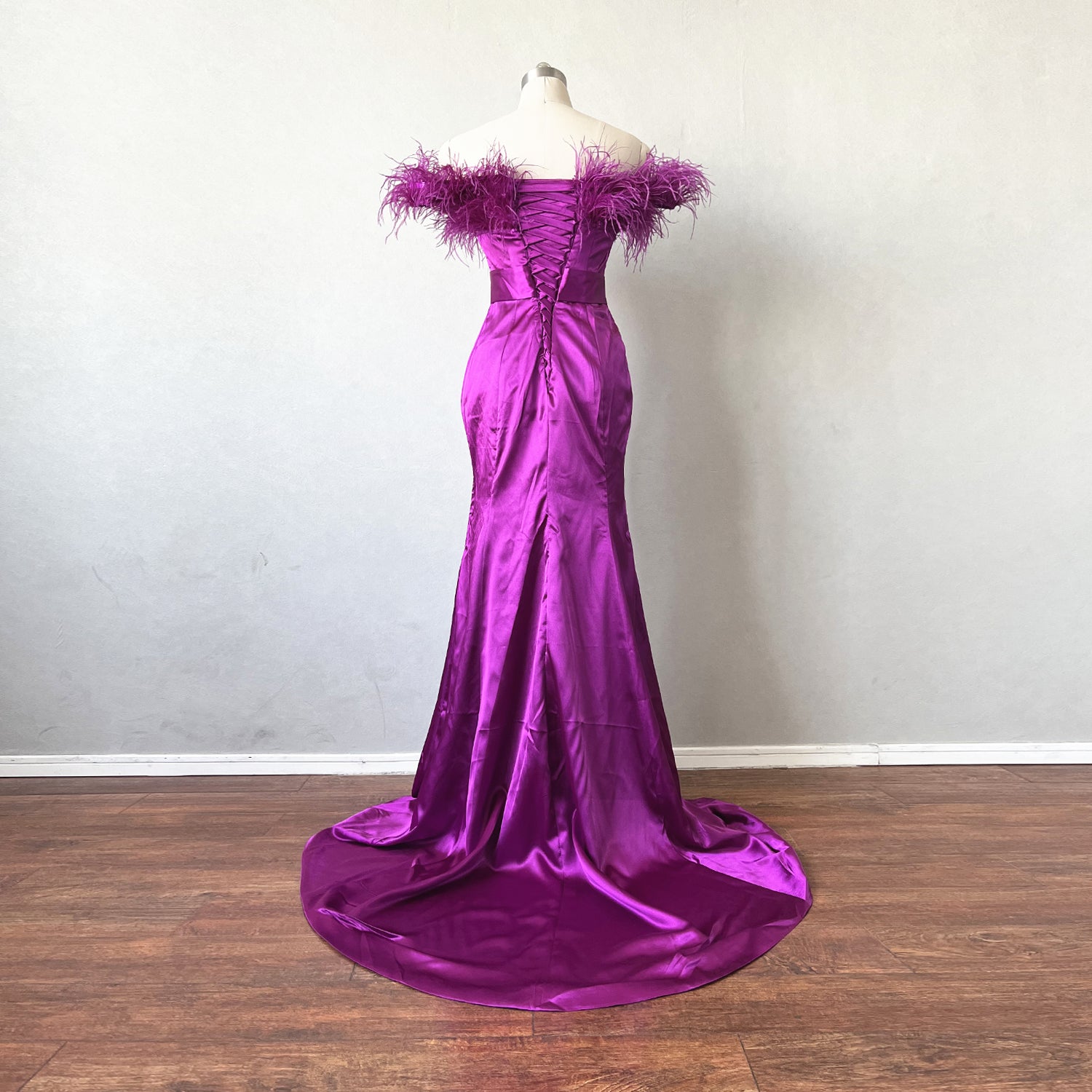 prom dresses corset top Purple Satin Prom Dress Corset Top with Feathers – DressCulture
