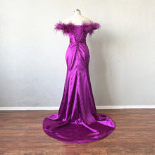 Load image into Gallery viewer, Purple Satin Prom Dress Corset Top with Feathers