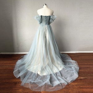 Dusty Green Tulle Prom Dress Fairy Off-the-shoulder Straps