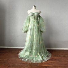 Load image into Gallery viewer, Sage Green Floral Tulle Prom Dress with Detachable Long Sleeves