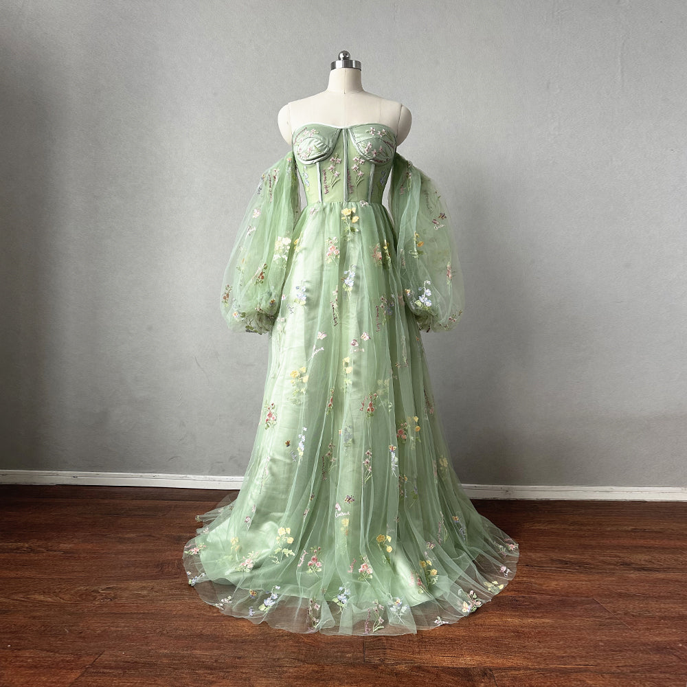 Sage Green Floral Tulle Prom Dress with Detachable Long Sleeves