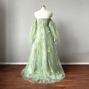 Sage Green Floral Tulle Prom Dress with Detachable Long Sleeves