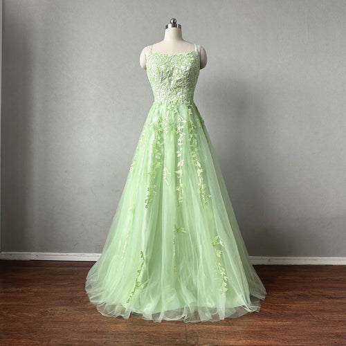 Sage Green Lace Tulle Prom Dress Corset Back