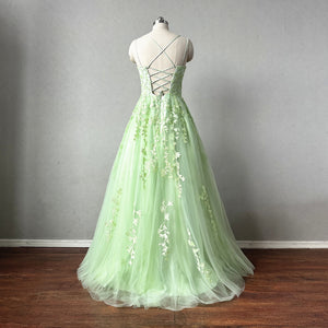 Sage Green Lace Tulle Prom Dress Corset Back