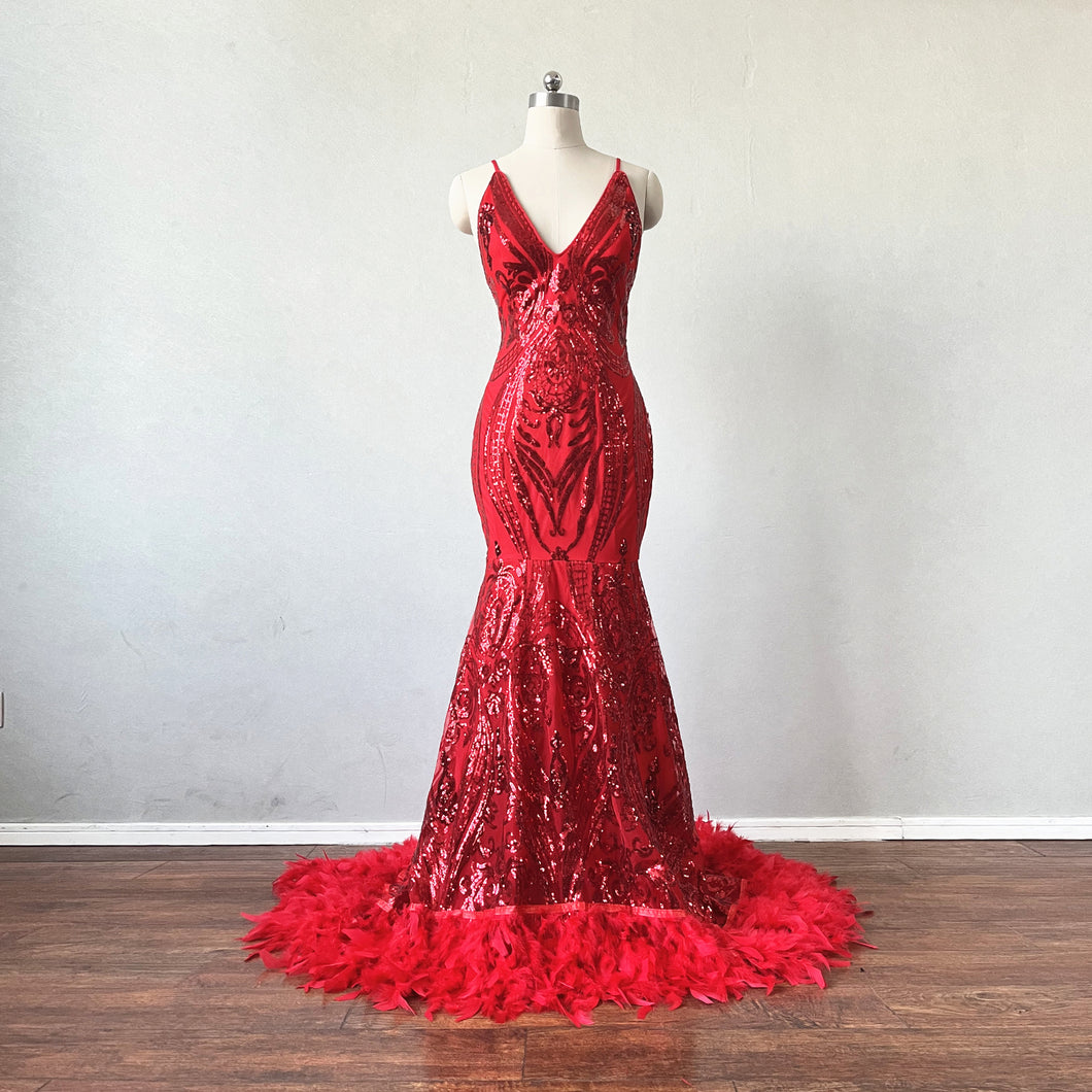 red sequin dress with feathers Red Sequin Feather Dramatic Mermaid Long Train Prom Dress