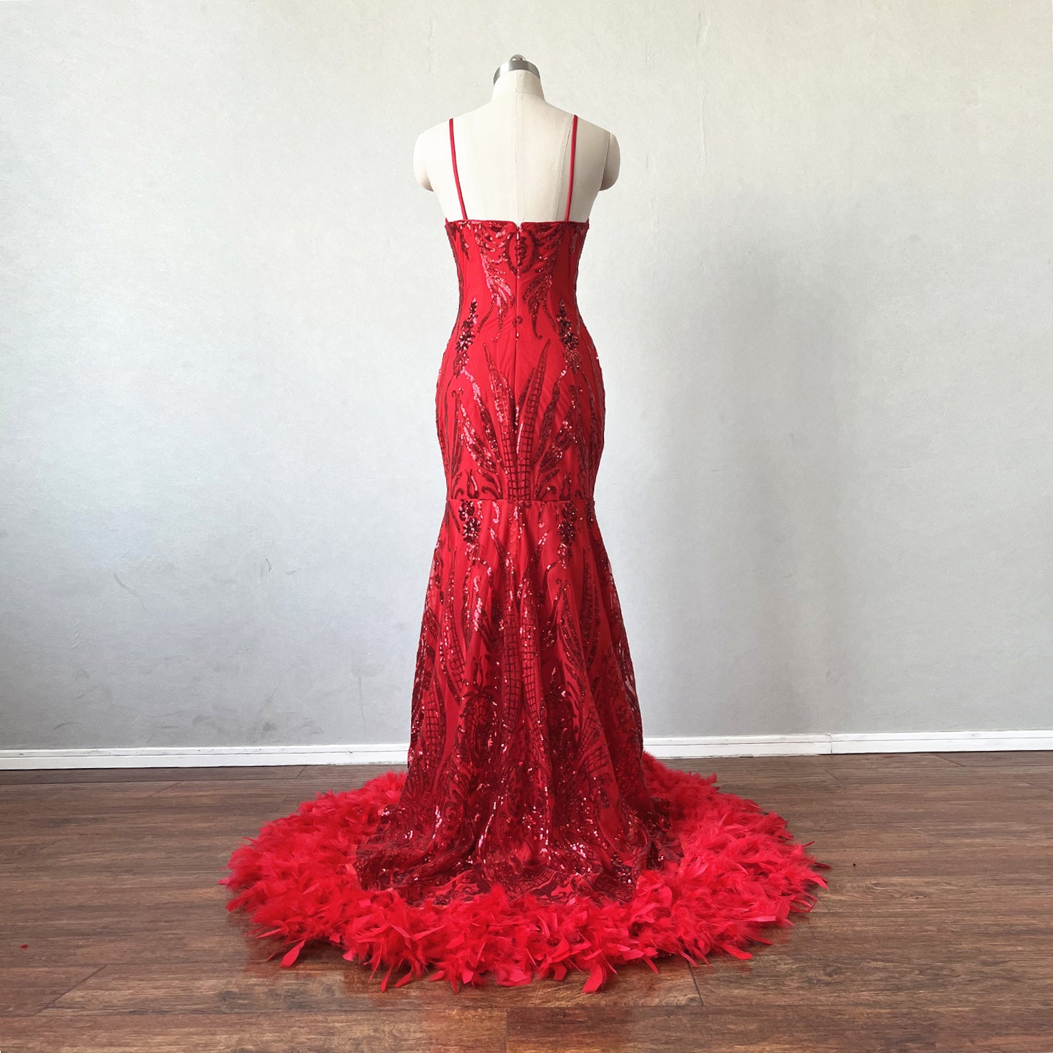 red sequin dress with feathers Red Sequin and Feather Dress with Off Shoulder Bodice Embellished Designer Sequin Gown Plus Size Size 24W / Red