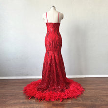 Load image into Gallery viewer, Red Pattern Sequin Prom Dress with Feathers