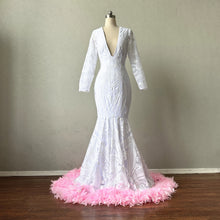 Load image into Gallery viewer, White Pattern Sequin Prom Dress Long Sleeves with Pink Feathers