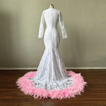 Load image into Gallery viewer, White Pattern Sequin Prom Dress Long Sleeves with Pink Feathers