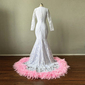 White Pattern Sequin Prom Dress Long Sleeves with Pink Feathers