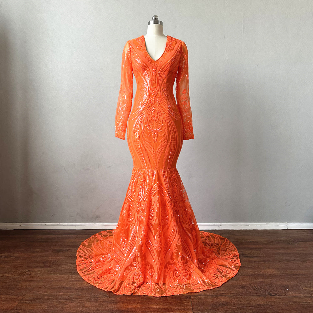 orange sequin dress long sleeve Elegant Orange Sequin Long Sleeve Evening Gown