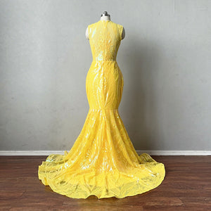 Yellow Pattern Sequin Prom Dress Mermaid