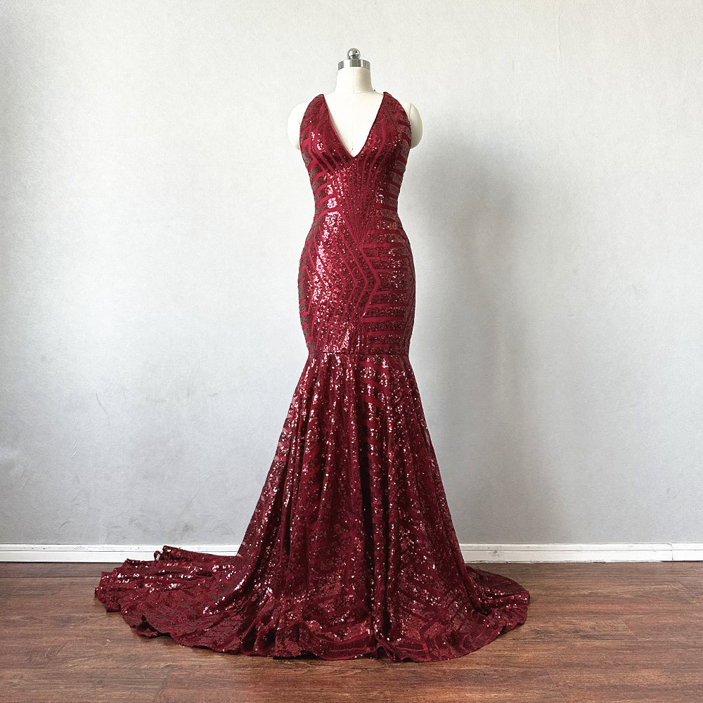 Burgundy Pattern Sequin Prom Dress Mermaid