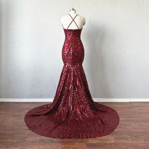 Burgundy Pattern Sequin Prom Dress Mermaid