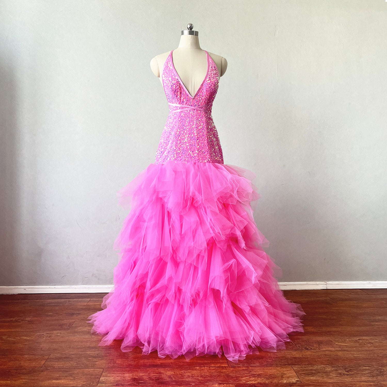 open lace back dress Princess Pink Sweetheart Puffy Sleeeves Prom Dress with 3D Flower, Pink / 12