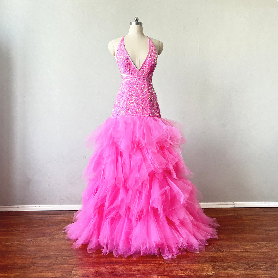 Pink Sequin Tulle Prom Dress Puffy