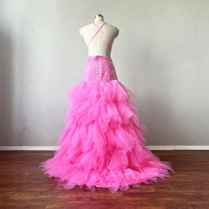 Pink Sequin Tulle Prom Dress Puffy