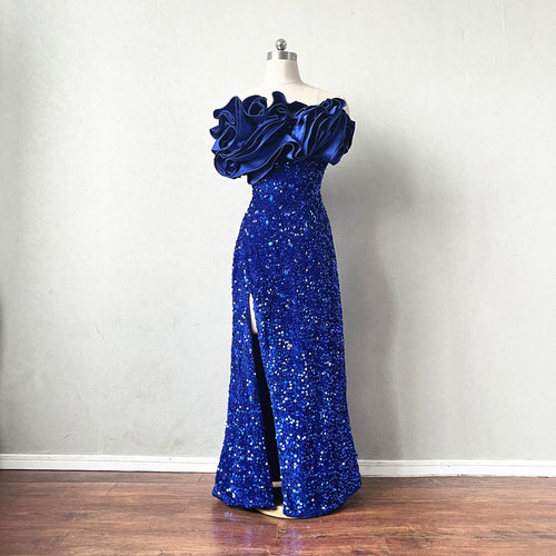 Unique Prom Dress Royal Blue Sequin High Slit