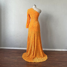 Load image into Gallery viewer, Orange Sequin Prom Dress Long Sleeve