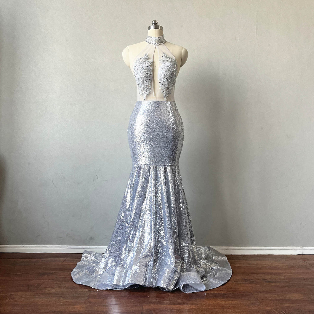 Mermaid Prom Dress Backless Silver Lace Sequin