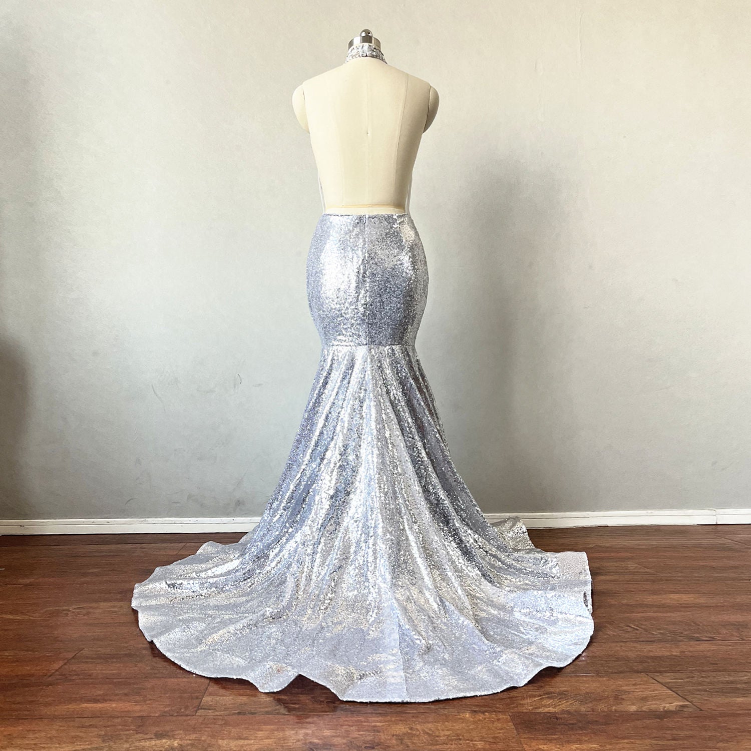 silver lace mermaid dress Mermaid Silver Lace Dress with 3D Floral Necklinee XL