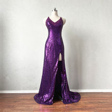 Load image into Gallery viewer, Purple Sequin Prom Dress Slit