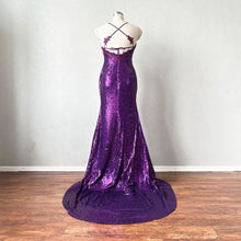 Load image into Gallery viewer, Purple Sequin Prom Dress Slit