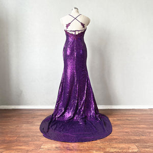 Purple Sequin Prom Dress Slit