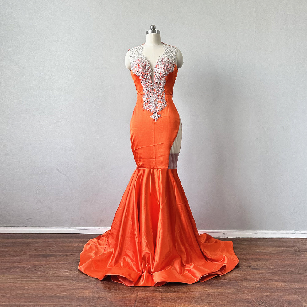 Mermaid Prom Dress Backless Neon Orange Satin – DressCulture